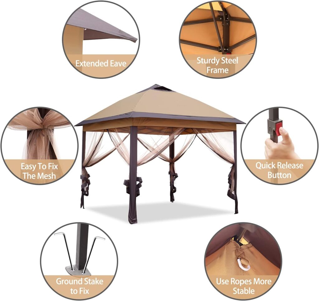 11x11 Patio Gazebo 2-Tier Outdoor Pop up Canopy Tent with Netting Sidewalls Brown