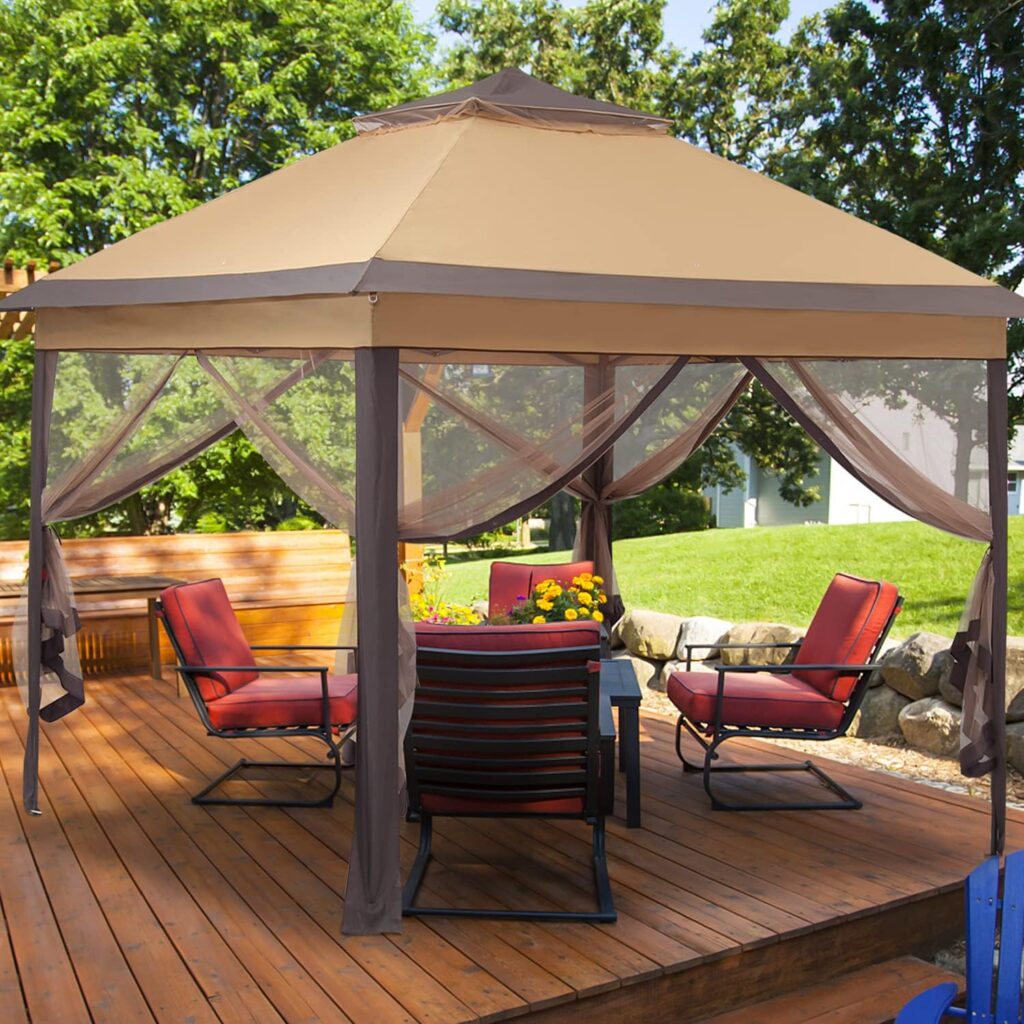 11x11 Patio Gazebo 2-Tier Outdoor Pop up Canopy Tent with Netting Sidewalls Brown