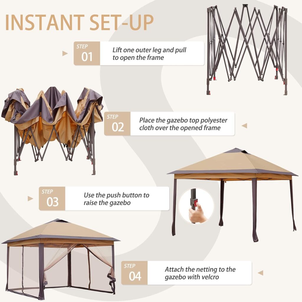 11x11 Patio Gazebo 2-Tier Outdoor Pop up Canopy Tent with Netting Sidewalls Brown