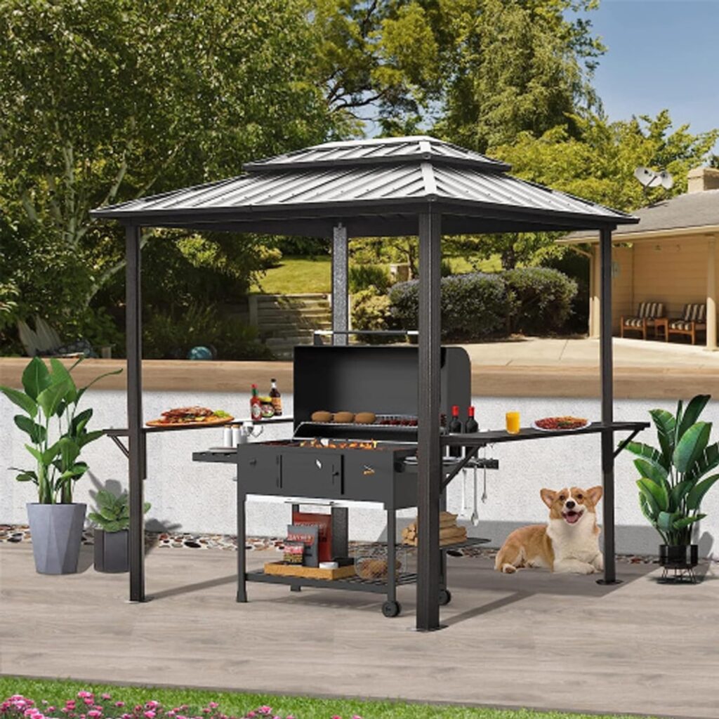 Anraja Grill Gazebo 8x6ft Outdoor BBQ Gazebo Hardtop Canopy Double Roof Aluminum with Shelves Serving Tables for Patio Lawn Deck Backyard and Garden (Grey)