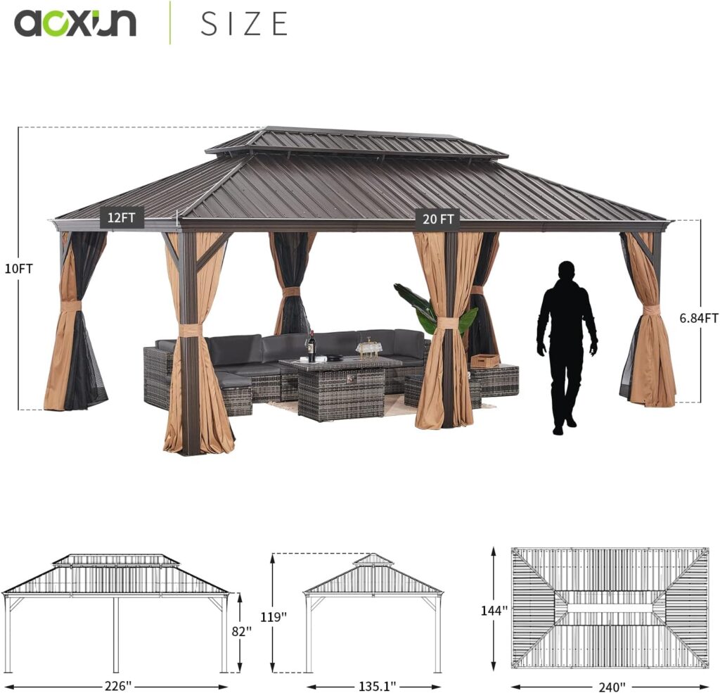 Aoxun 10x13 Hardtop Gazebo, Outdoor Polycarbonate Double Roof Gazebo with Aluminum Frame Permanent Pavilion and Curtains  Netting for Backyard, Patio, Deck, Parties (Brown)