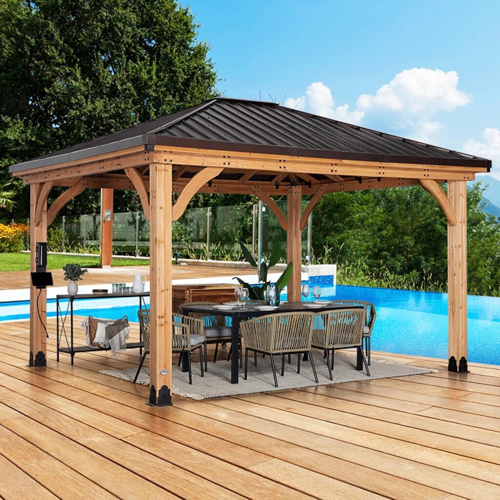 Backyard Discovery Barrington 14 ft. x 12 ft. Hip Roof Cedar Wood Gazebo Pavilion, Shade, Rain, Hard Top Steel Metal Roof, All Weather Protected, Wind Resistant up to 100 mph, Holds up to 6500 lbs