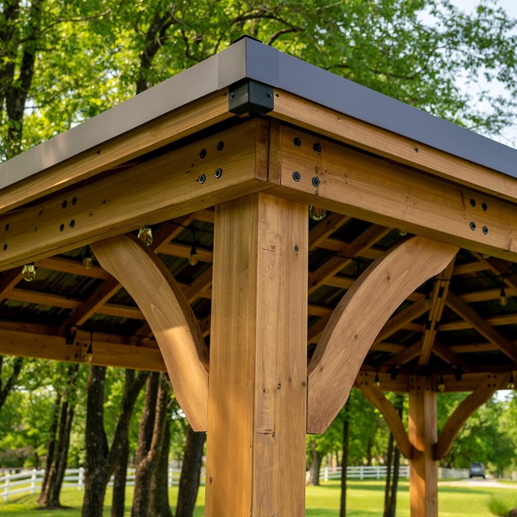 Backyard Discovery Barrington 14 ft. x 12 ft. Hip Roof Cedar Wood Gazebo Pavilion, Shade, Rain, Hard Top Steel Metal Roof, All Weather Protected, Wind Resistant up to 100 mph, Holds up to 6500 lbs