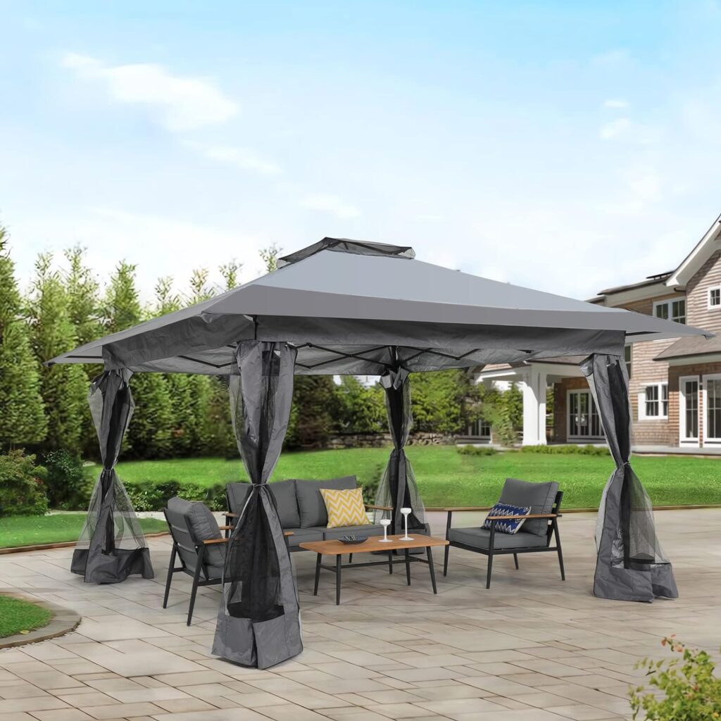 COBANA 13’x13’ Pop Up Gazebo, Outdoor Canopy Tent Shade with Metal Frame Mosquito Netting for Patio, Garden, Lawn, Backyard, Gray