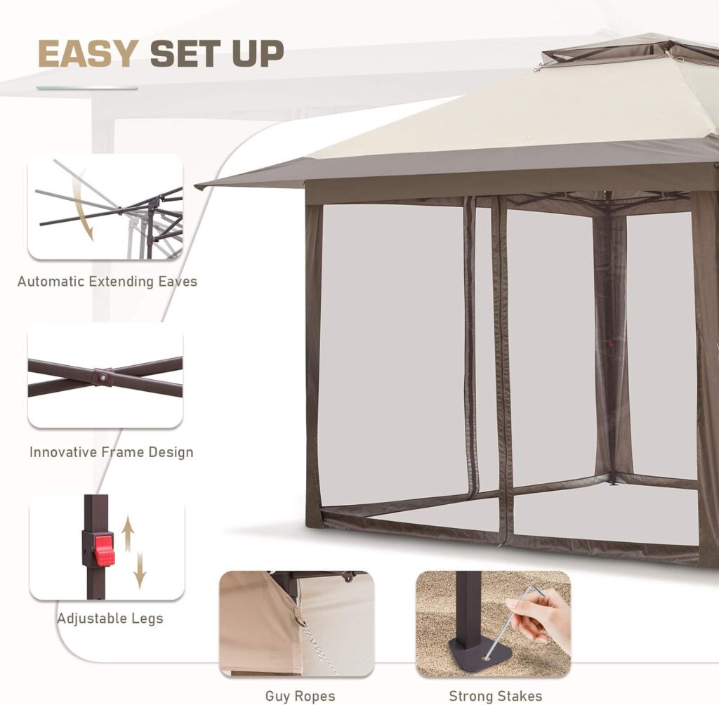 EAGLE PEAK 13x13 Pop Up Gazebo with Mosquito Netting, Easy Up Screened Canopy for Patio and Backyard, Easy Set-up Outdoor Gazebo (Beige/Brown)