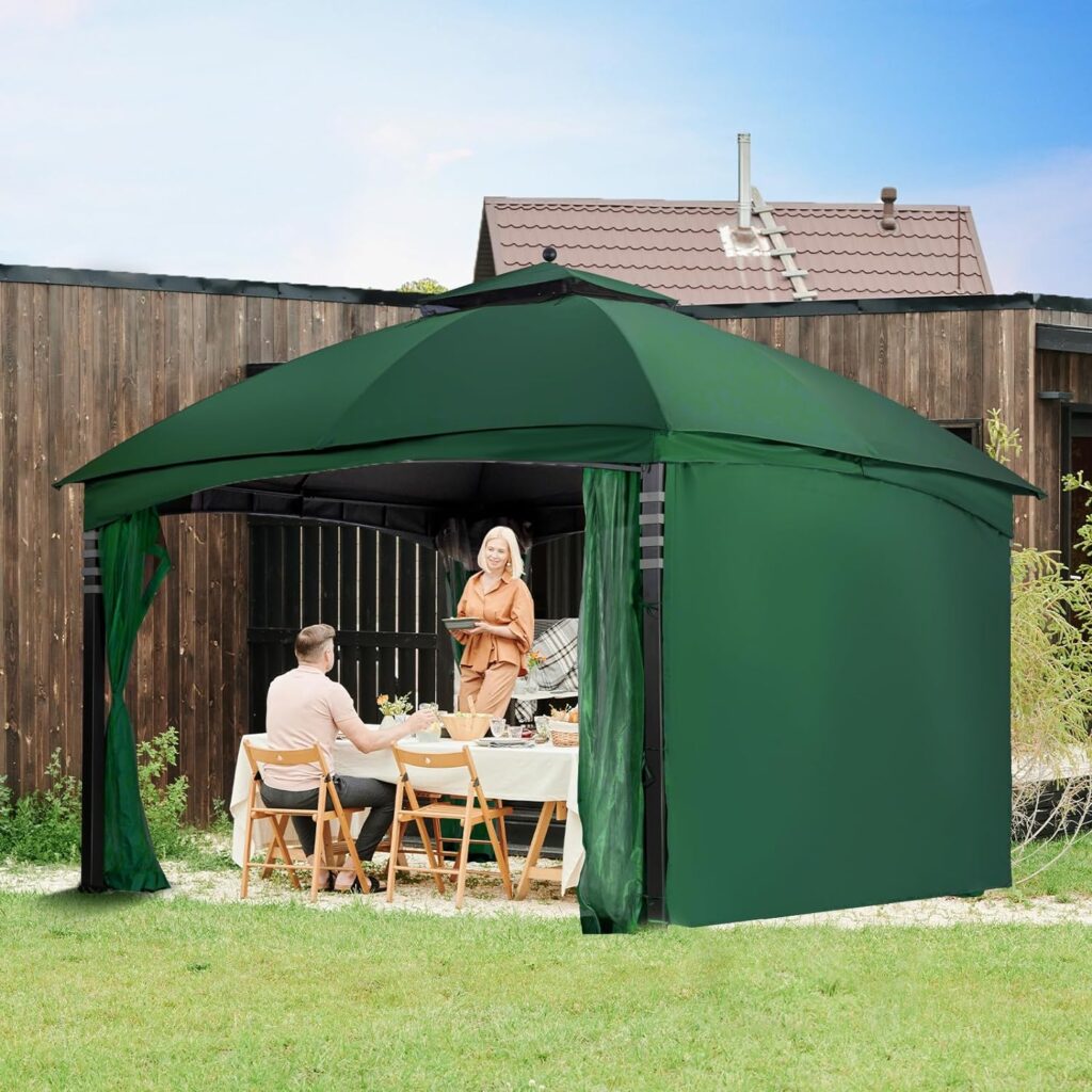 EasyLee 10x12 Gazebo Replacement Canopy, Double Teir Sunshade Polyester Soft Top Cover 10x12 Gazebo #GF-12S004B-1(Forest Green)