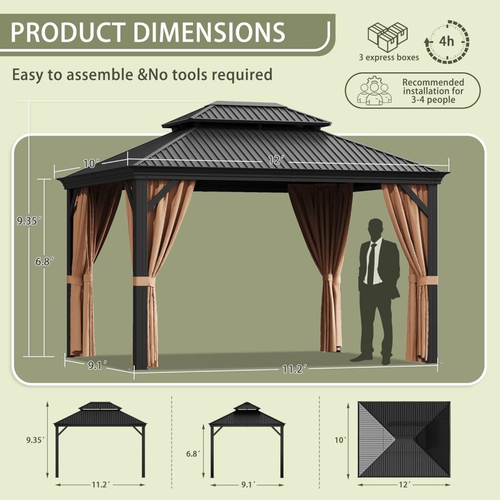 Greesum 10x12 Hardtop Metal Gazebo, Outdoor Galvanized Steel Double Roof Canopy, Aluminum Frame Permanent Pavilion with Netting and Curtains for Lawns, Patio, Backyard and Deck