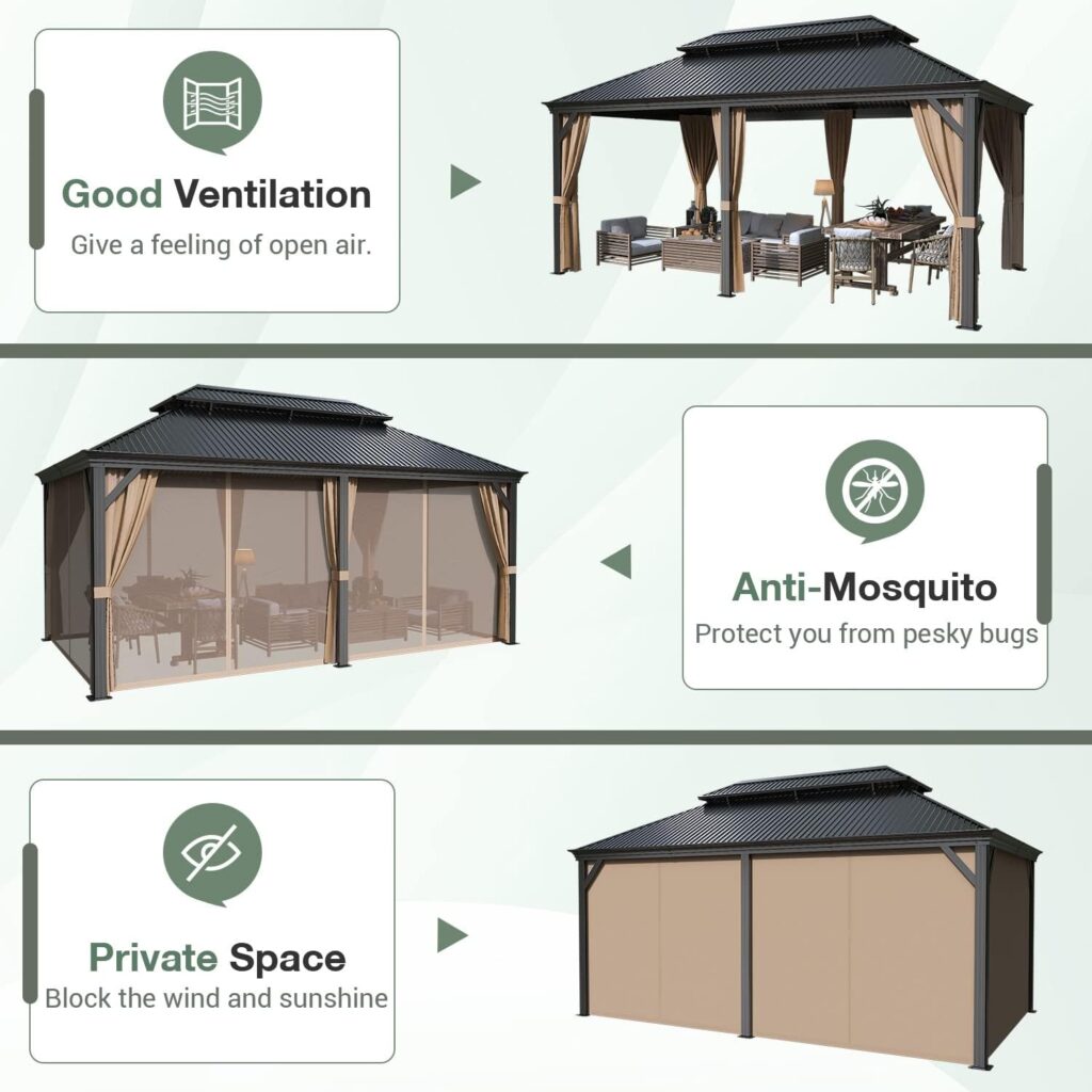 Greesum 12x20 Hardtop Metal Gazebo, Outdoor Galvanized Steel Double Roof Canopy, Aluminum Frame Permanent Pavilion with Netting and Curtains for Lawns, Patio, Backyard and Deck