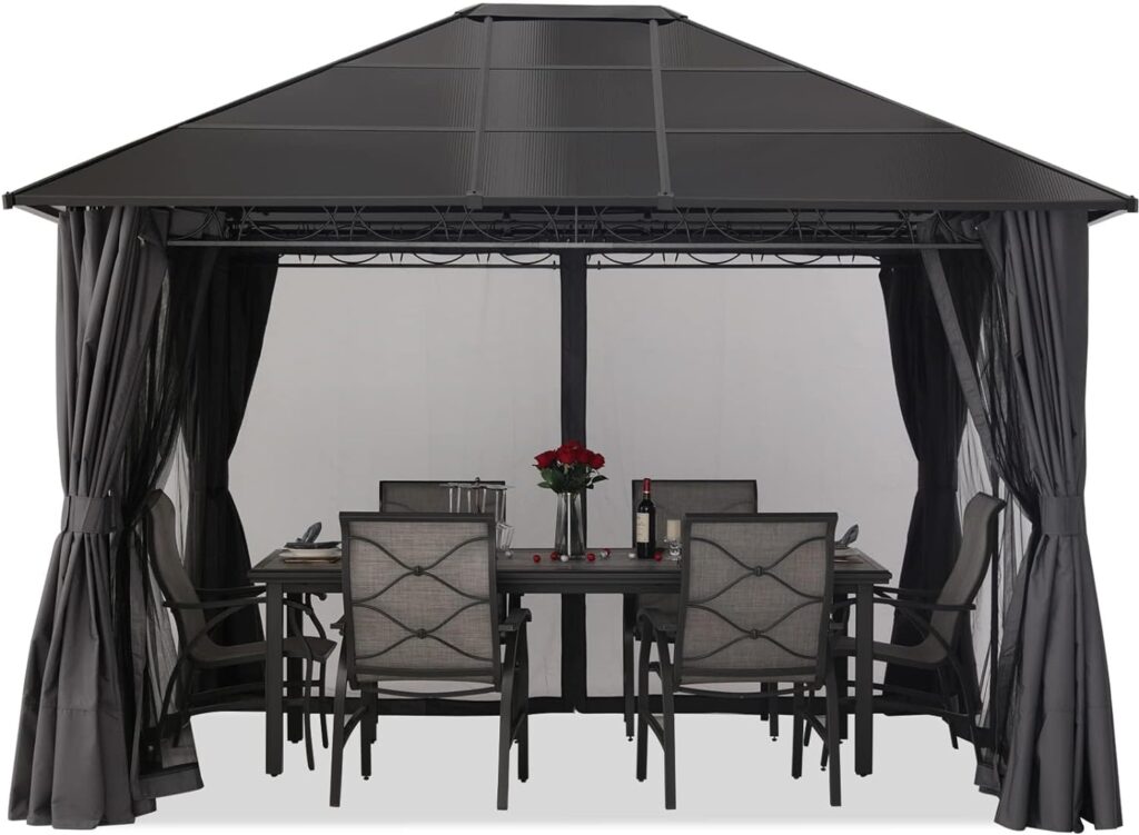 MASTERCANOPY 10x12 Outdoor Hardtop Gazebo Aluminum Frame Polycarbonate Top Canopy with Curtains and Netting, Dark Grey