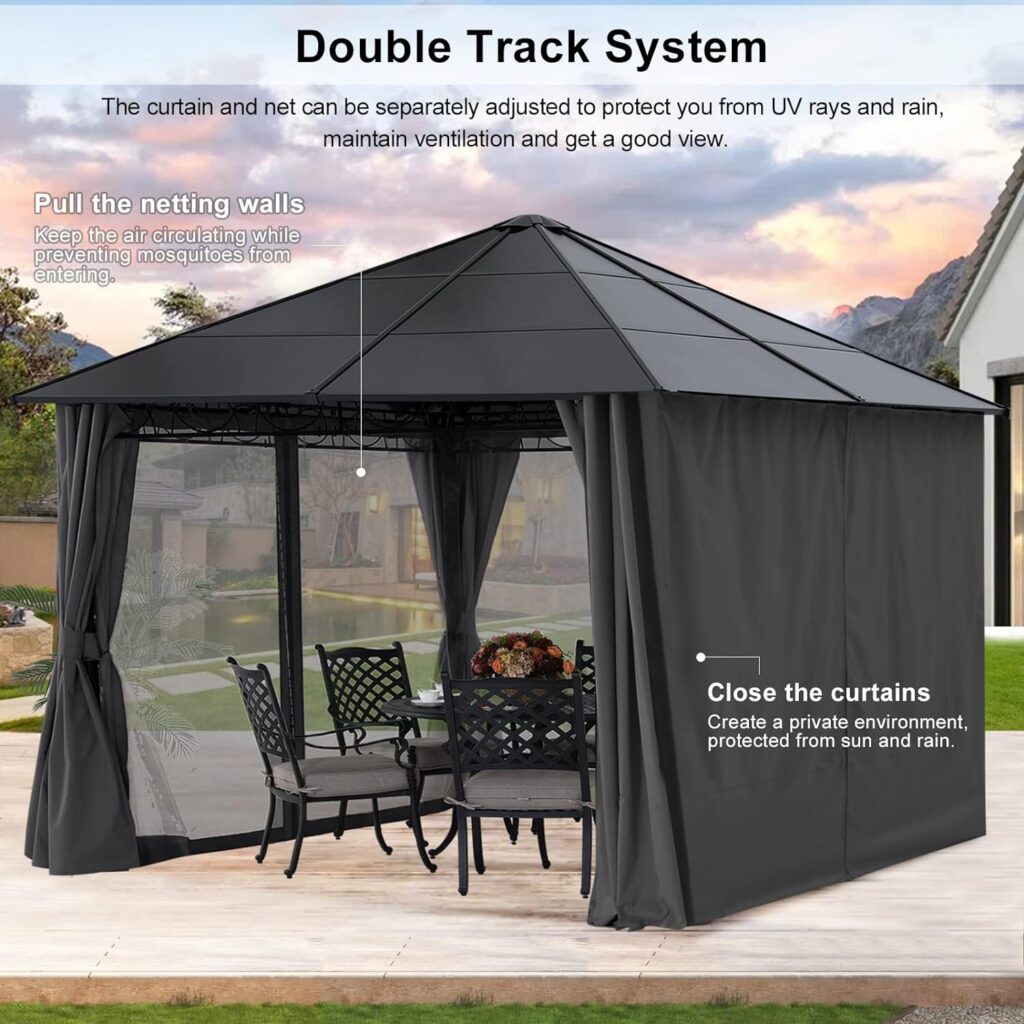 MASTERCANOPY 10x12 Outdoor Hardtop Gazebo Aluminum Frame Polycarbonate Top Canopy with Curtains and Netting, Dark Grey