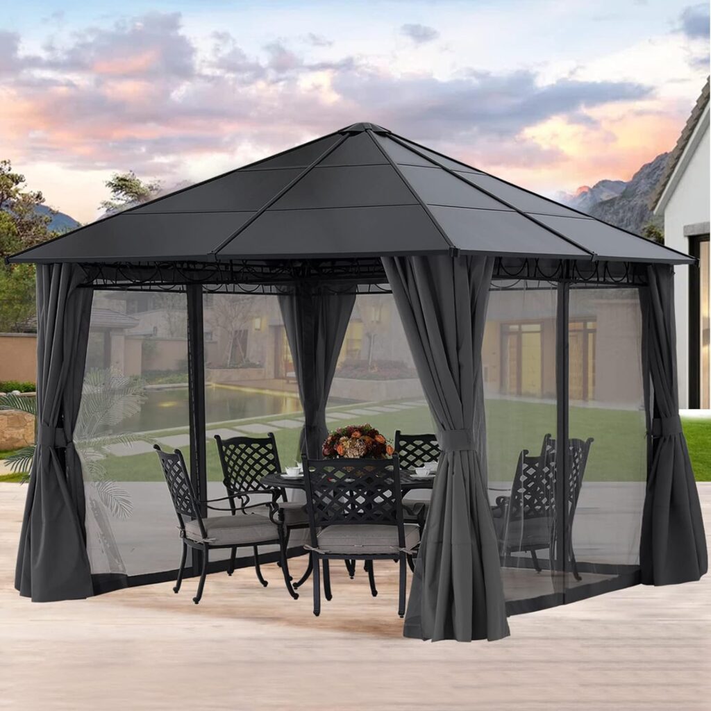 MASTERCANOPY 10x12 Outdoor Hardtop Gazebo Aluminum Frame Polycarbonate Top Canopy with Curtains and Netting, Dark Grey