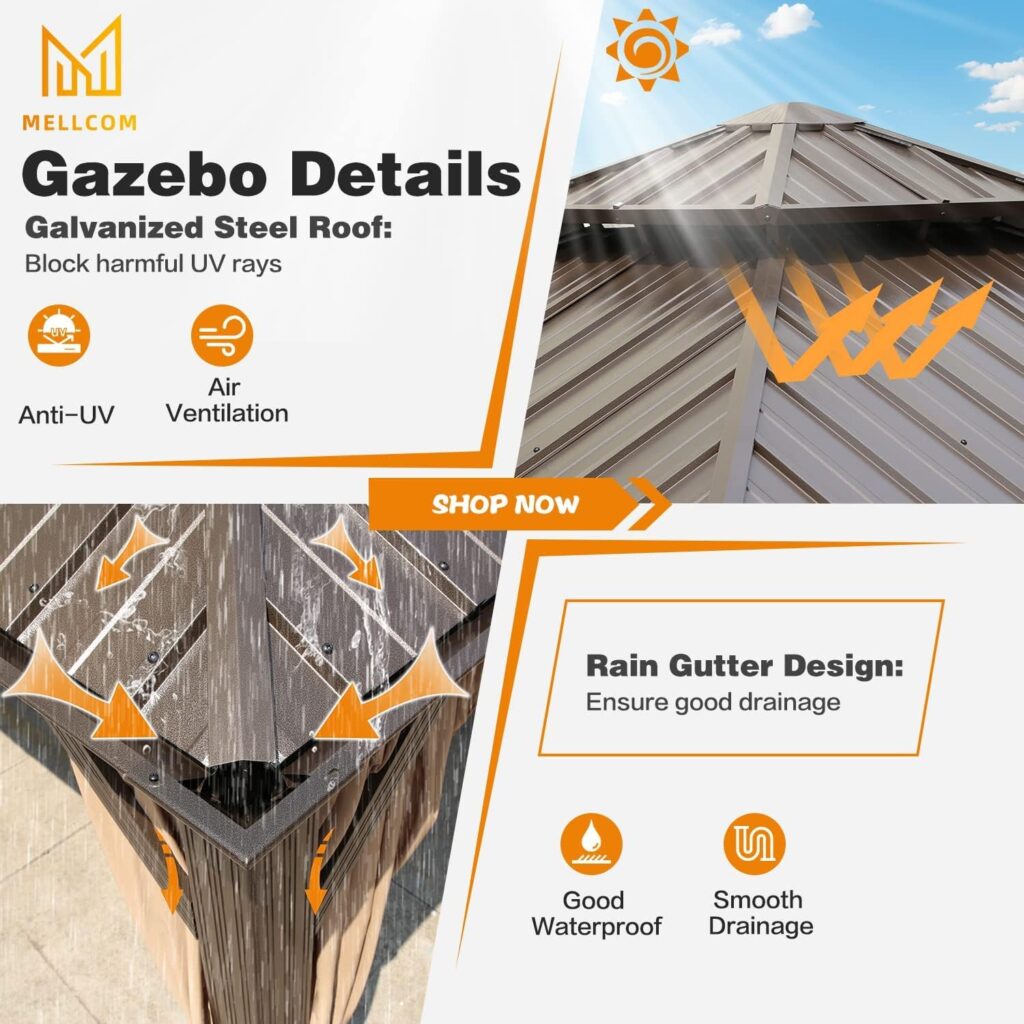 MELLCOM 12 x 12 Hardtop Aluminum Gazebo, Galvanized Steel Double Roof Metal Gazebo with Aluminum Frame, Brown Permanent Patio Gazebo with Curtains and Netting for Patios, Gardens, Lawns