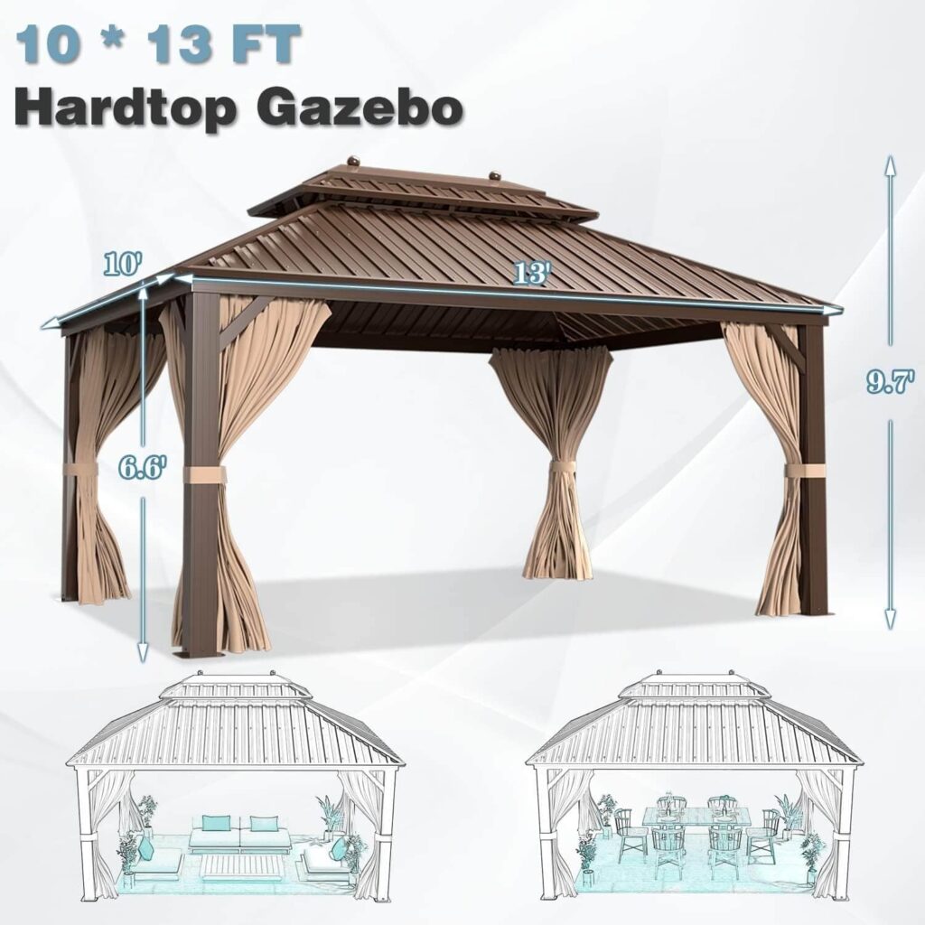 MELLCOM 12 x 12 Hardtop Aluminum Gazebo, Galvanized Steel Double Roof Metal Gazebo with Aluminum Frame, Brown Permanent Patio Gazebo with Curtains and Netting for Patios, Gardens, Lawns