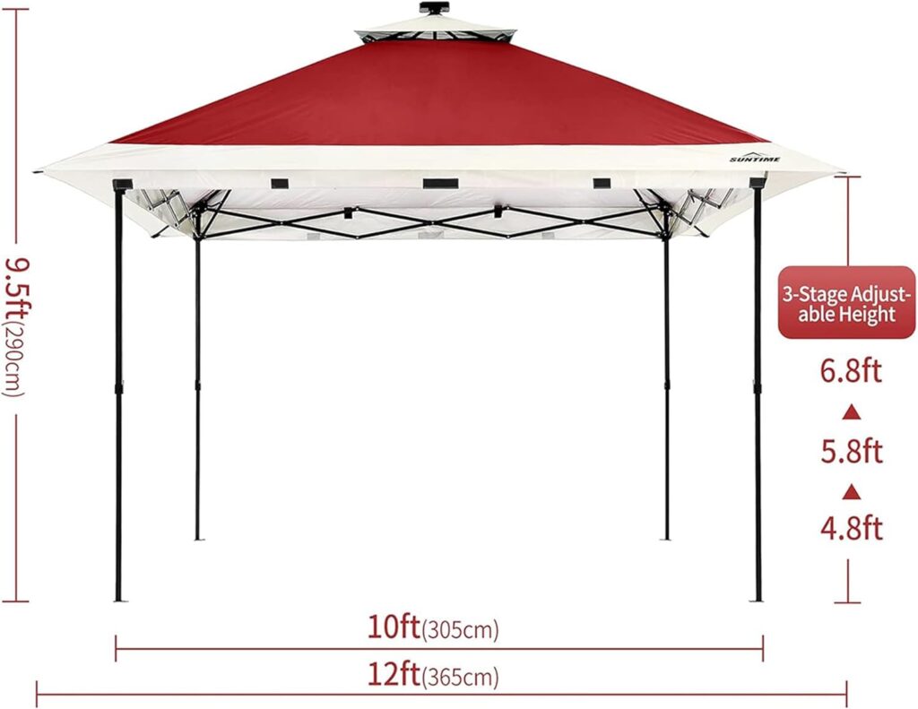 OUTDOOR LIVING SUNTIME 12 x 12 Instant Pop Up Gazebo Polyester Canopy Tent Shelter with Solar LED Lights, 4 Zippered Screens, and Powder Coated Steel Frame, Red…