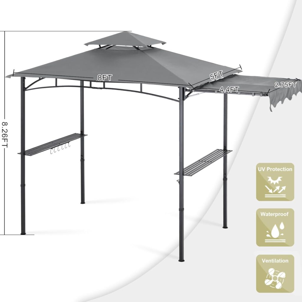 OUTDOOR WIND 8x5 Double Tiered Grill Gazebo with Ventilation and Adjustable Dual Half Awnings,Grey