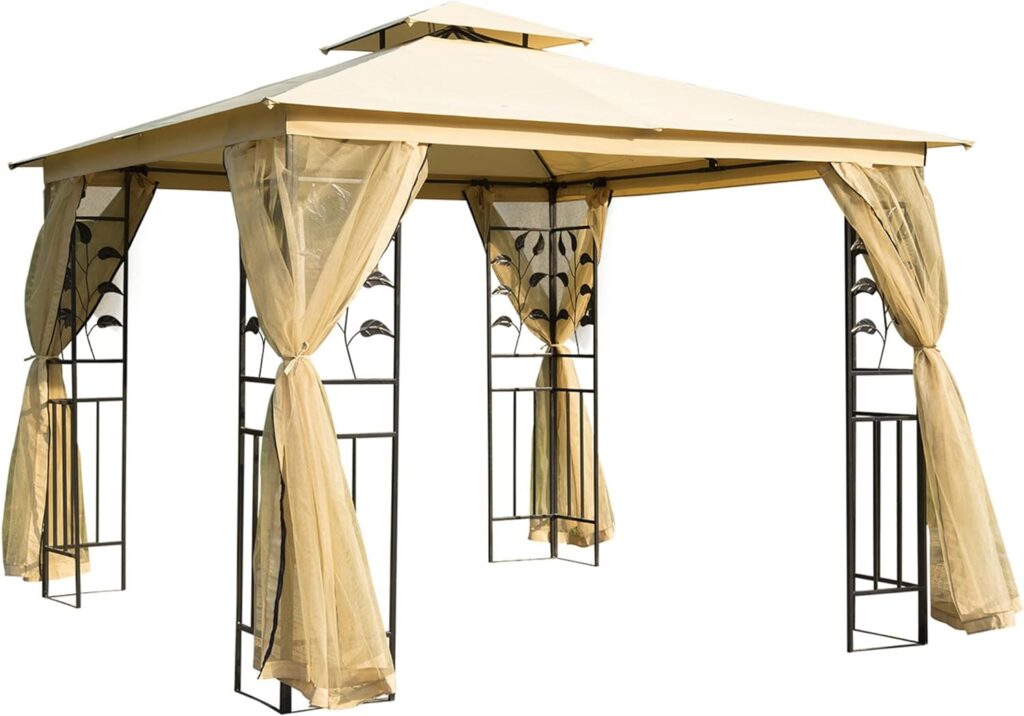 Outsunny 10 x 10 Metal Patio Gazebo, Double Roof Outdoor Gazebo Canopy Shelter with Tree Motifs Corner Frame and Netting, for Garden, Lawn, Backyard, and Deck, Beige