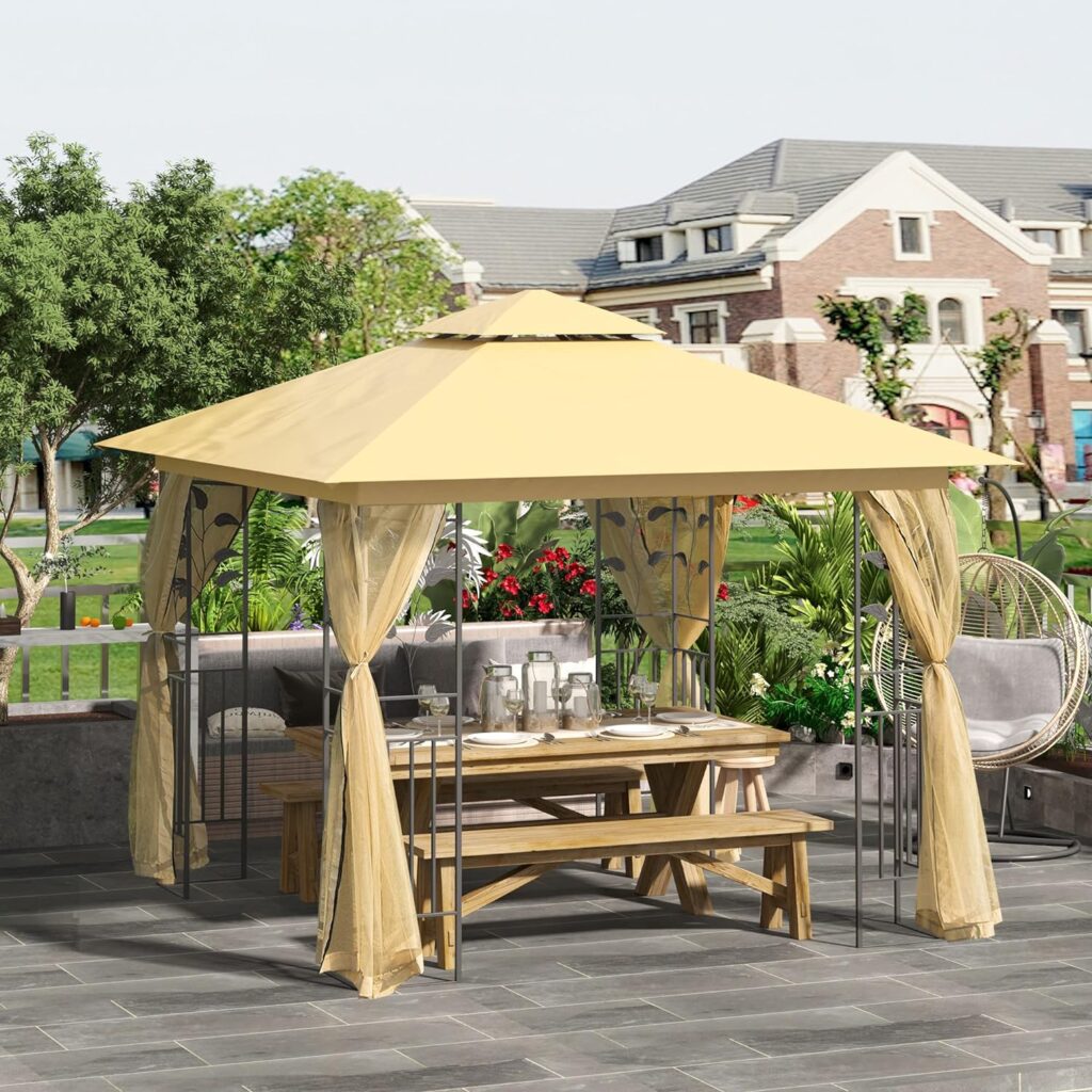 Outsunny 10 x 10 Metal Patio Gazebo, Double Roof Outdoor Gazebo Canopy Shelter with Tree Motifs Corner Frame and Netting, for Garden, Lawn, Backyard, and Deck, Beige