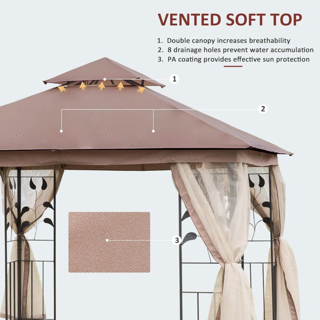 Outsunny 10 x 10 Metal Patio Gazebo, Double Roof Outdoor Gazebo Canopy Shelter with Tree Motifs Corner Frame and Netting, for Garden, Lawn, Backyard, and Deck, Beige