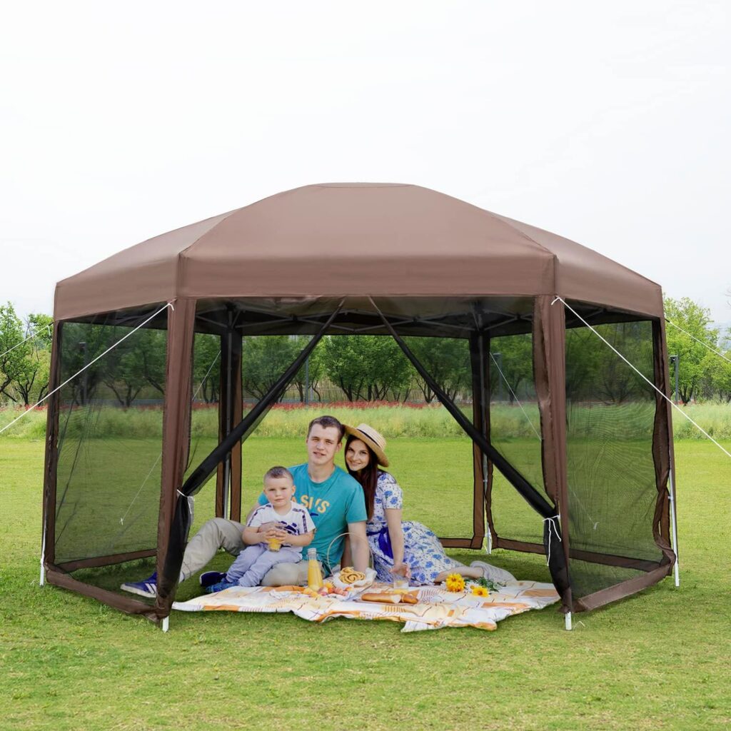 PayLessHere 13x13ft Hexagonal Gazebo Party Tent Pop Up Gazebo Screen House with Mosquito Netting Carry Bag Waterproof Easy Set up and Adjustable Height Portable for Camping Outdoor Patio, Brown