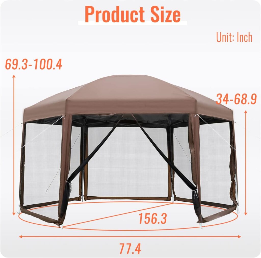 PayLessHere 13x13ft Hexagonal Gazebo Party Tent Pop Up Gazebo Screen House with Mosquito Netting Carry Bag Waterproof Easy Set up and Adjustable Height Portable for Camping Outdoor Patio, Brown