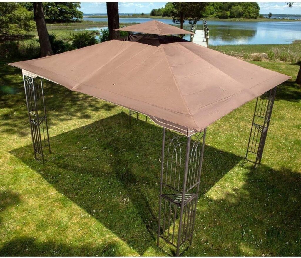 Sunjoy Regency 10x12 Gazebo with Mosquito Netting, Plant Rings, Corner Shelves, Ground Stakes  Center Hook