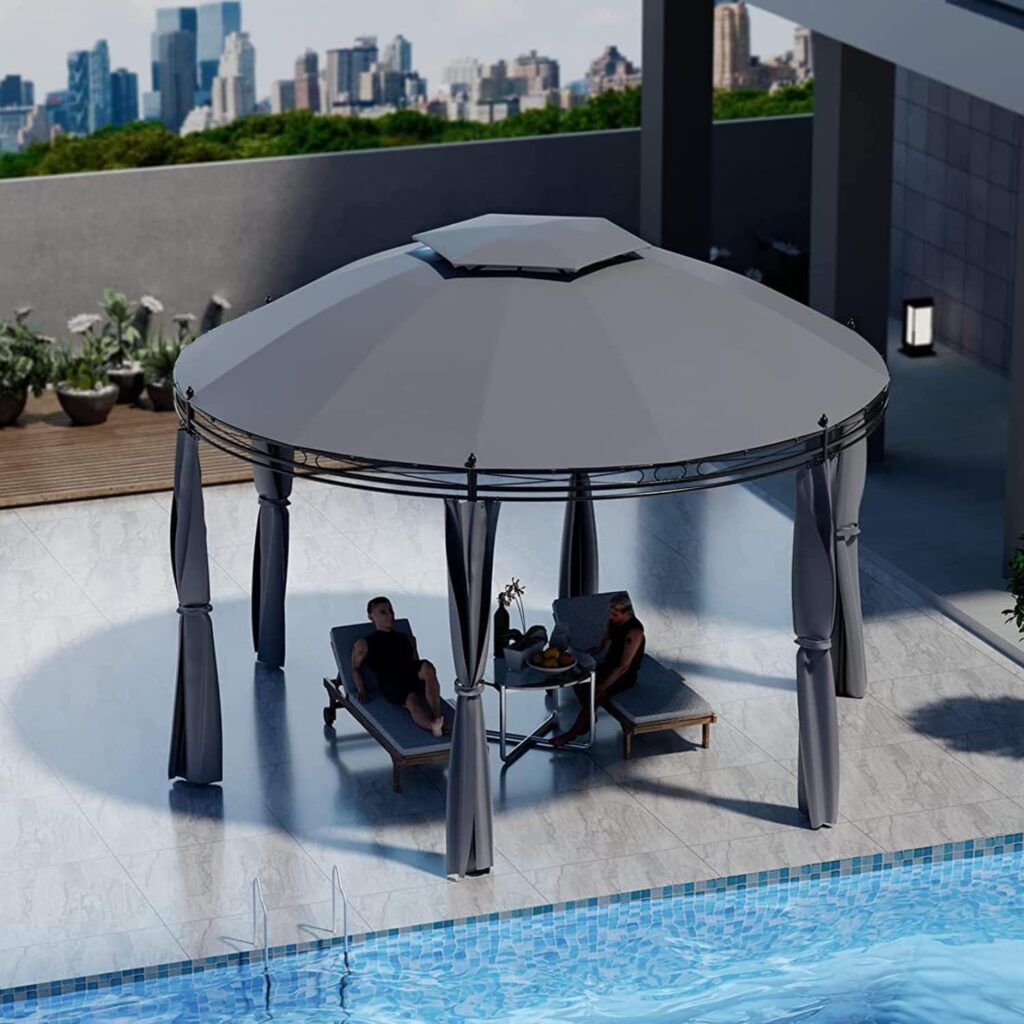 Tangkula 11.5x11.5 ft Round Patio Gazebo, 2-Tier Dome Gazebo with Removable Side Curtains, Heavy Duty Steel Frame, Outdoor Gazebo Pavilion for Backyard, Deck, Poolside, Garden (Grey)