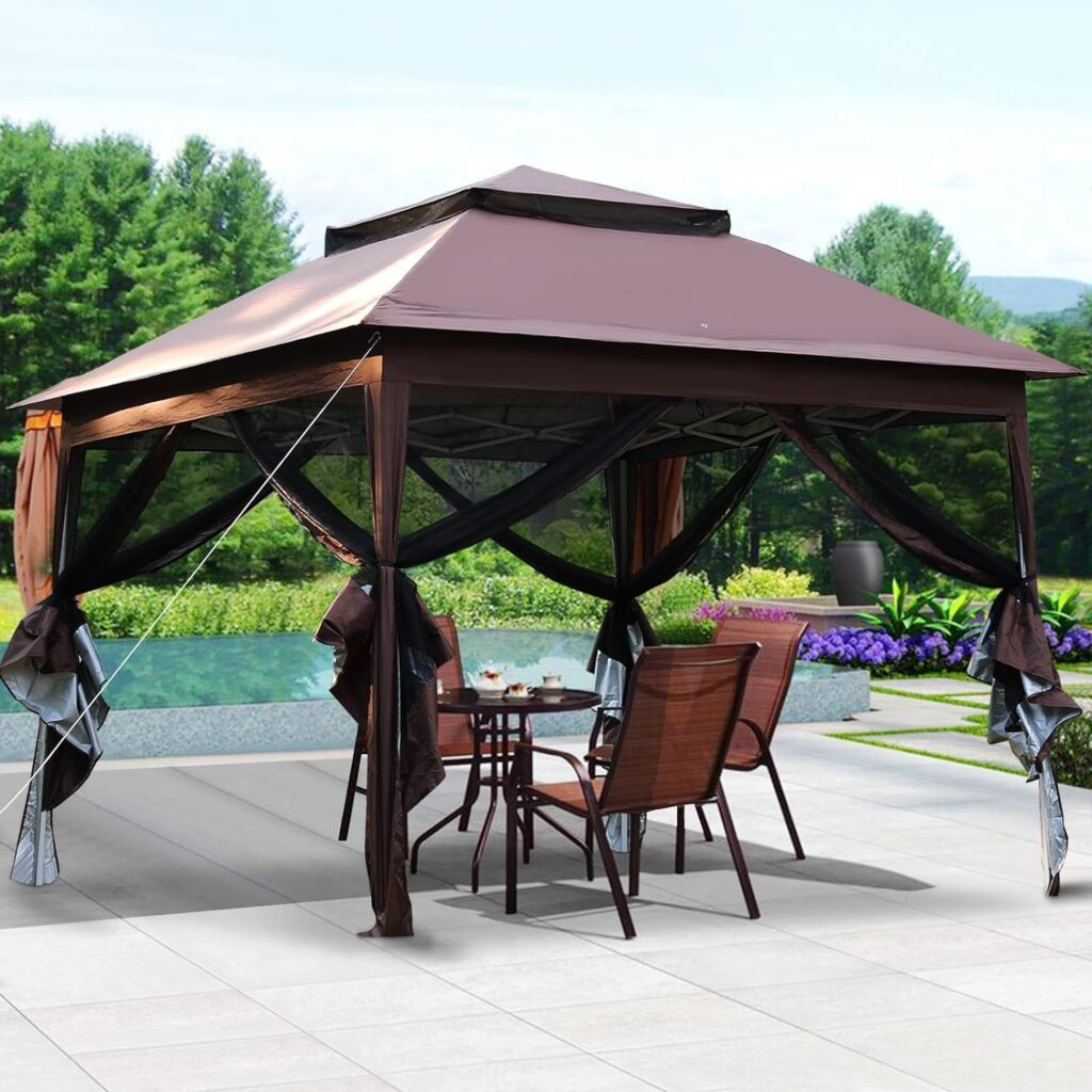 XXkseh 10x10 Pop-Up Instant Gazebo Tent with Mosquito Netting Outdoor Canopy Shelter with 112 Square Feet for Patio Garden Backyard (Brown)