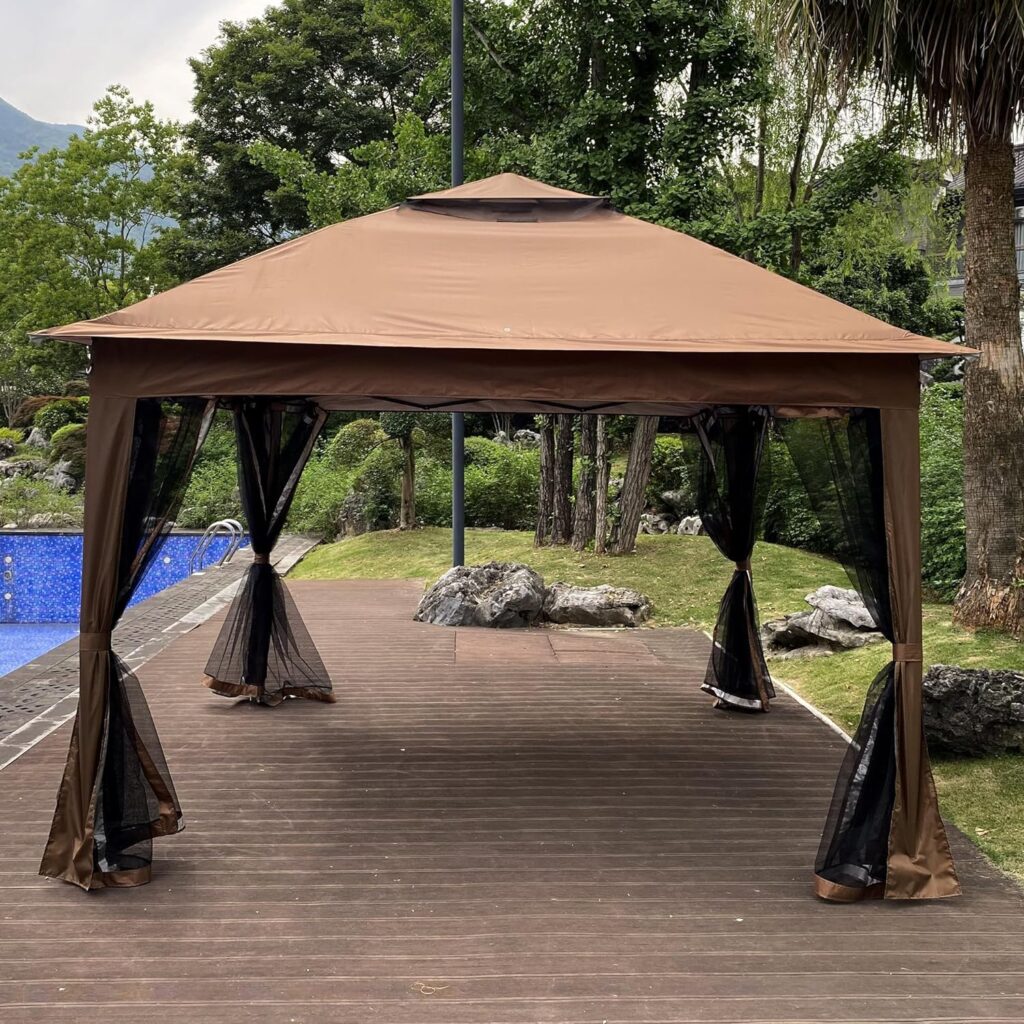 YISH Patio Gazebo Canopy Tent, 11x11ft Heavy Duty Gazebo Shelter with Double Layer Soft Top, Aluminum Frame and Removable Zipper Netting for Patio Backyard Garden Camping, Brown