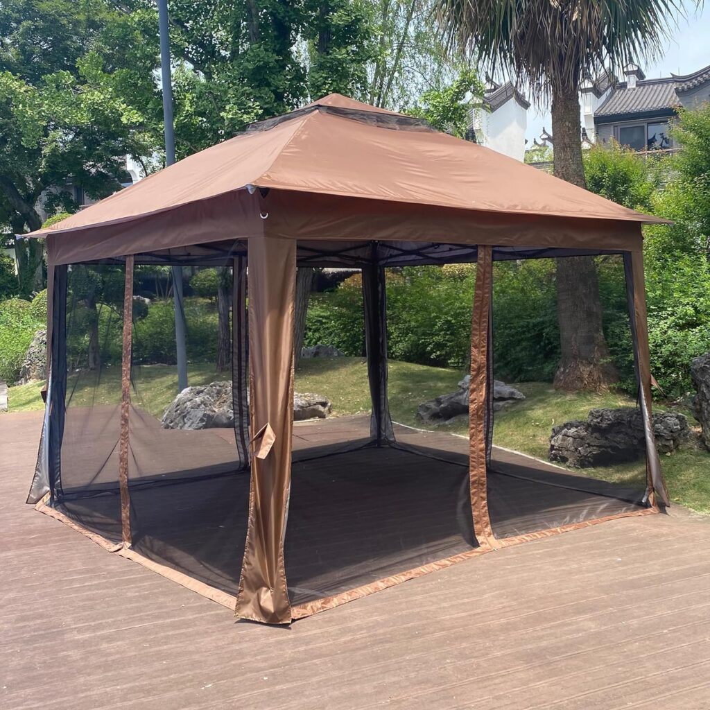 YISH Patio Gazebo Canopy Tent, 11x11ft Heavy Duty Gazebo Shelter with Double Layer Soft Top, Aluminum Frame and Removable Zipper Netting for Patio Backyard Garden Camping, Brown