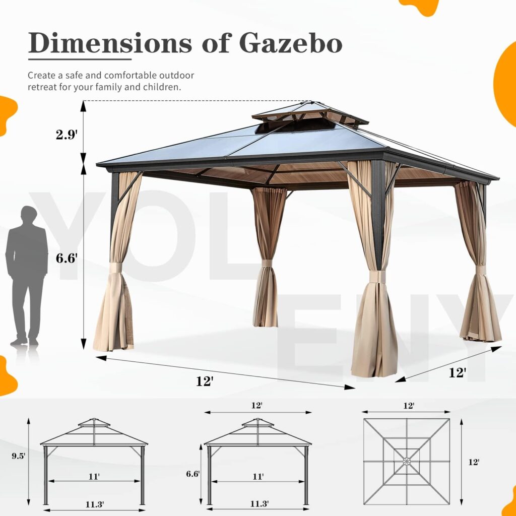 YOLENY 10x13 Hardtop Gazebo with Galvanized Steel Double Roof, Pergolas Aluminum Frame, Netting and Curtains Included, Metal Outdoor Gazebos for Garden, Patios, Lawns, Parties