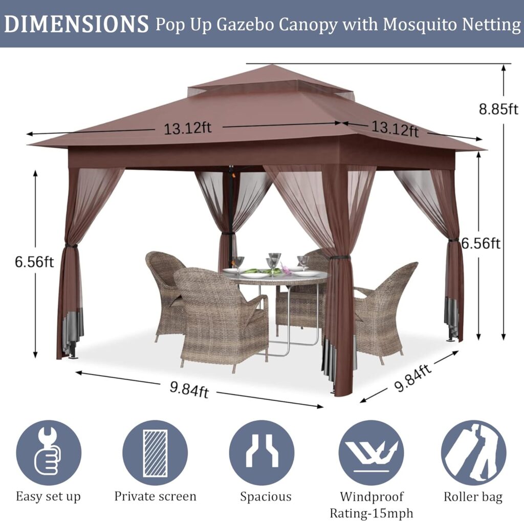 yoyomax 13X13 Outdoor Pop Up Gazebo with Netting, Portable Gazebo Waterproof Patio Canopy Shelter with Double Roof Tops and 169 Square Feet of Shade for Beach Parties, Camping and Picnics - Brown