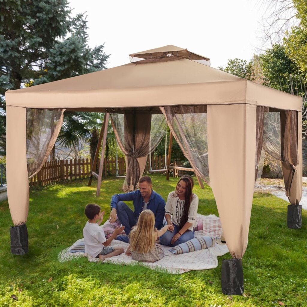 10x10ft Outdoor Canopy Gazebo with Four Sandbags Brown Polyester Waterproof